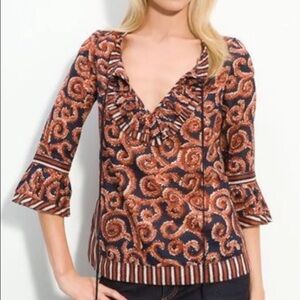 Tory Burch Black and Orange Swirl Ruffle Blouse